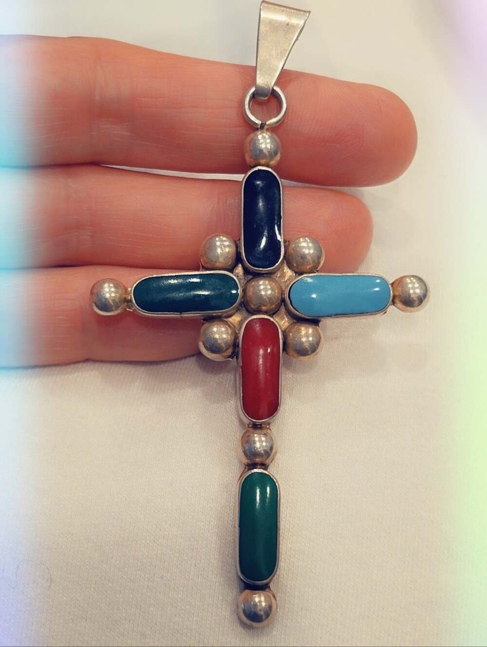 Estate Multi Stone Gemstone Cross Pendant Sterling Silver 925